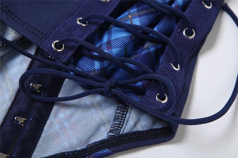 Halter button plaid print lace up top