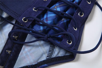 Halter button plaid print lace up top