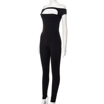 Short sleeve hollow out solid off shoulder backless jumpsuit
