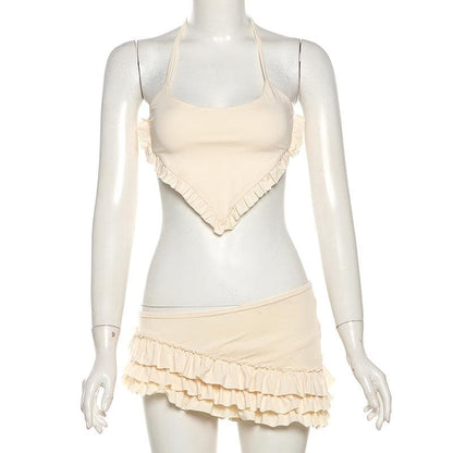 Ruffle halter self tie irregular u neck 3 piece mini skirt set