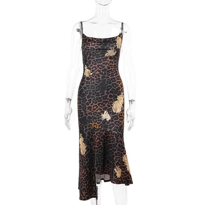 U neck leopard print irregular cami midi dress