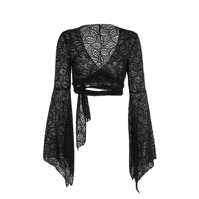 Flared sleeve v neck lace knotted top