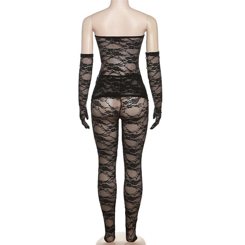 Lace see through gloves solid backless tube pant set-final-sale
