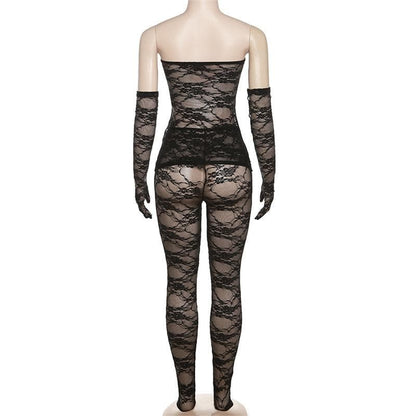 Lace see through gloves solid backless tube pant set-final-sale