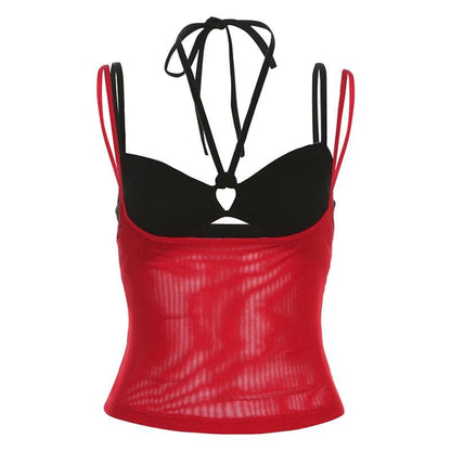 Halter hollow out mesh contrast 2 piece cami cut out top