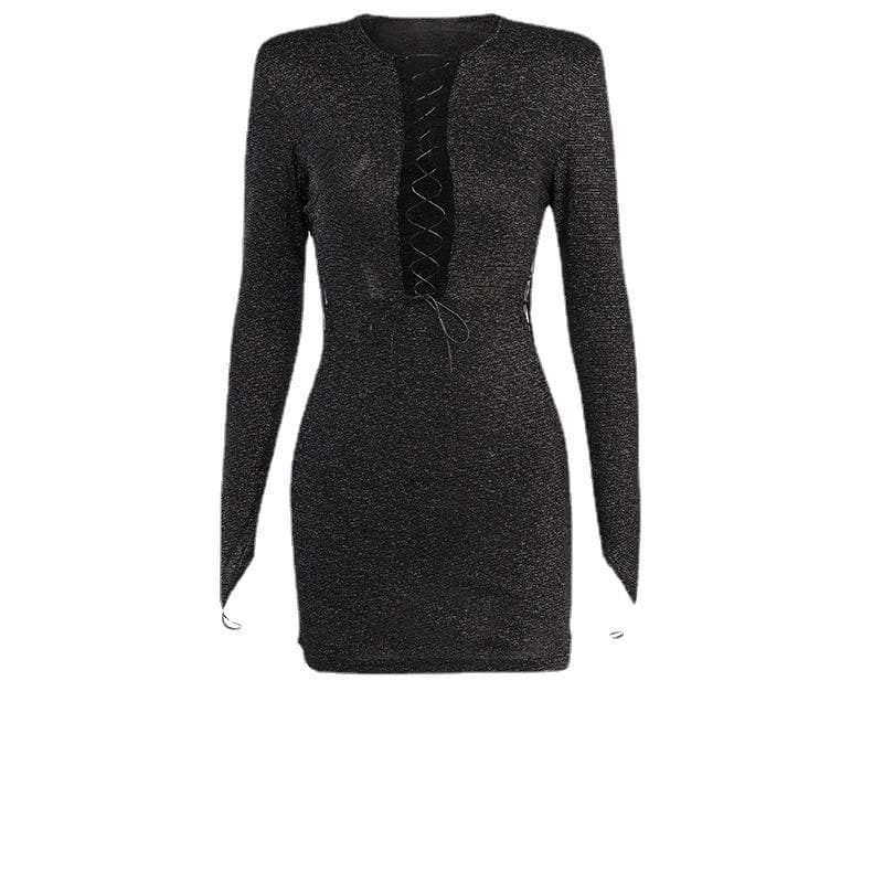Crew Neck Long Sleeve Front Lace Up Side Lace Up Glitter Knit Mini Dress