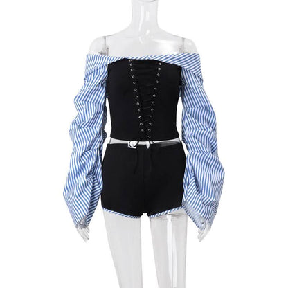 Long sleeve ruched striped off shoulder pant set
