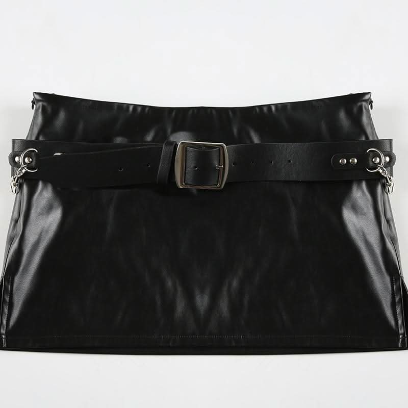 PU leather belt buckle mini skirt