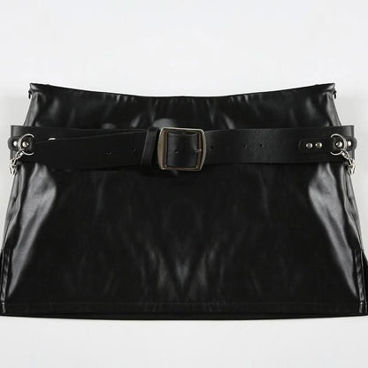 PU leather belt buckle mini skirt