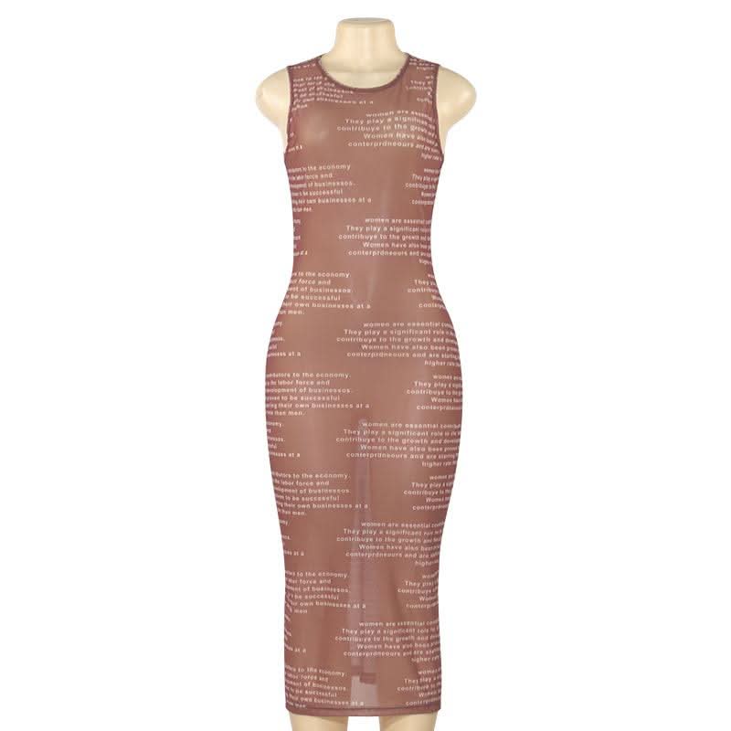 Crewneck sleeveless letter print mesh maxi dress