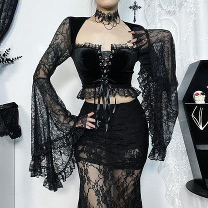 Long flared sleeve velvet lace patchwork ruffle lace up crop top