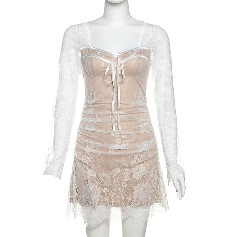 Long sleeve lace zip-up ruched mini dress