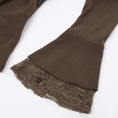 Long flared sleeve drawstring ruched lace top
