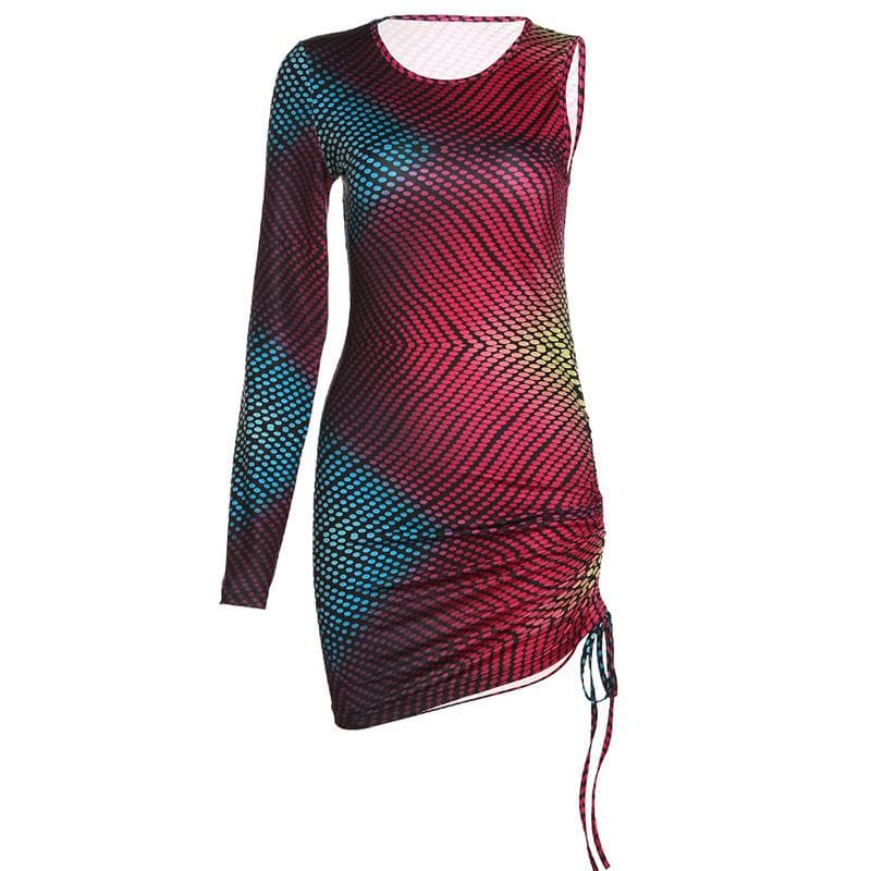 One Shoulder Drawstring Ruched Geometric Print Mini Dress