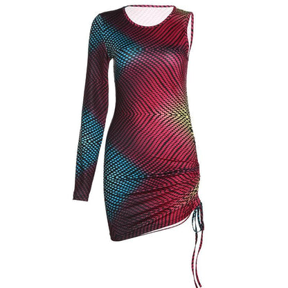 One Shoulder Drawstring Ruched Geometric Print Mini Dress