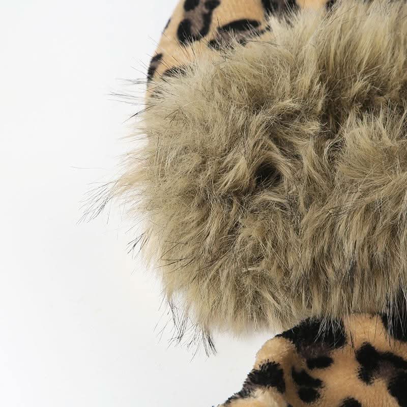 Long sleeve hoodie fluffy zip-up leopard print top