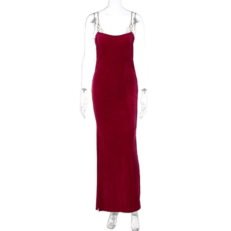 Velvet solid o ring hollow out slit backless cut out maxi dress-final-sale