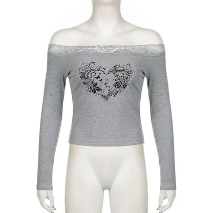 Long sleeve off shoulder ribbed heart pattern lace hem top