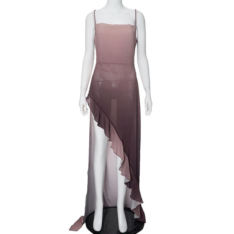 Gradient cowl neck see through ruffle cami maxi dress