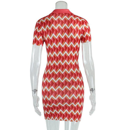 Short sleeve contrast turnover collar button mini dress