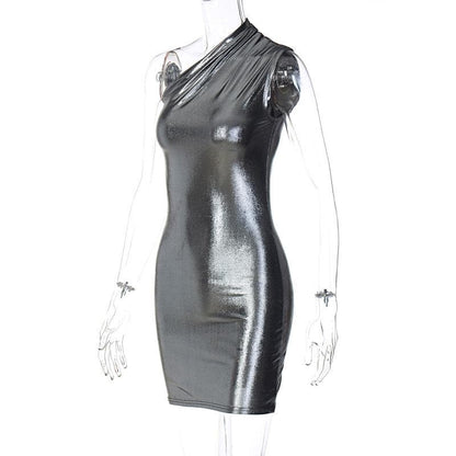 Metallic One Shoulder Ruched Asymmetric Bodycon Mini Dress