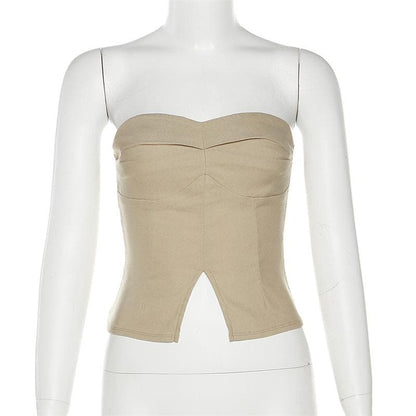 Slit solid sweetheart neck ruched backless tube crop top