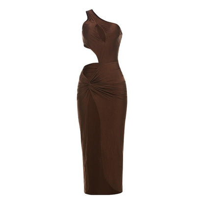 One shoulder hollow out ruched high slit cut out midi dress