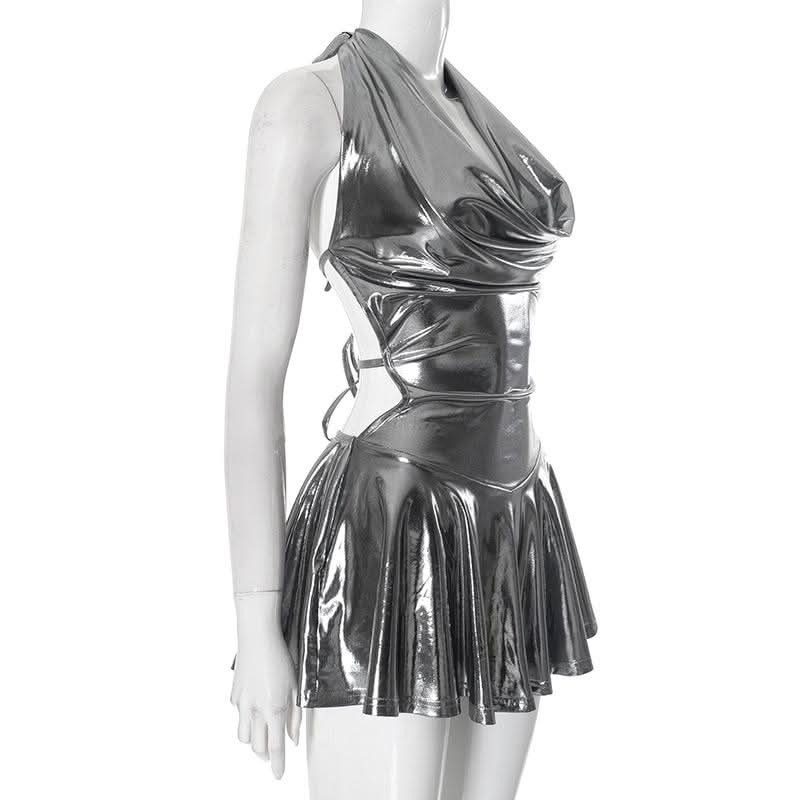 Metallic self tie halter cowl neck backless mini dress