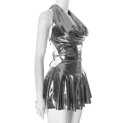 Metallic self tie halter cowl neck backless mini dress