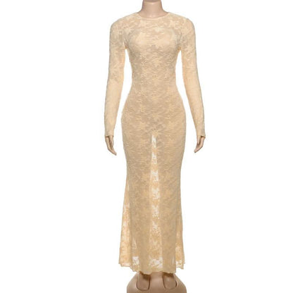 Long sleeve lace crewneck maxi dress