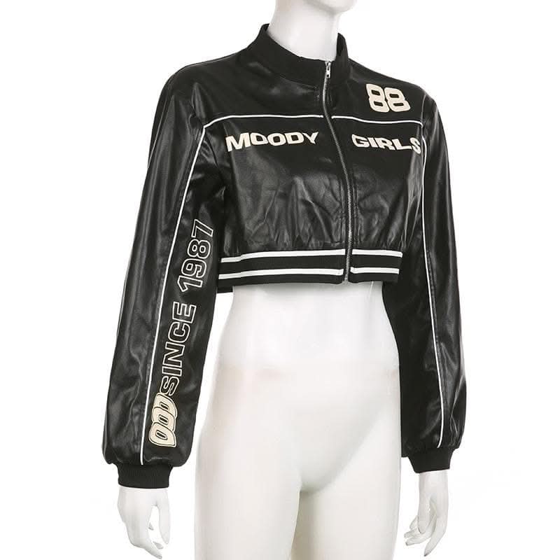 Long sleeve PU leather zip-up high neck coat top-final-sale