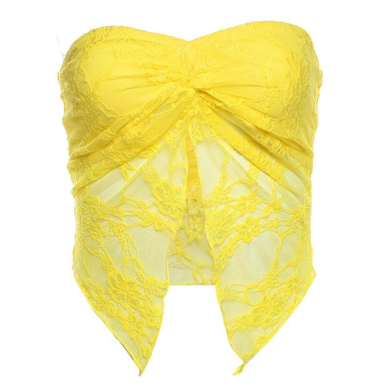 Lace ruched slit ruffle solid tube top