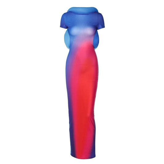 Short sleeve gradient backless maxi dress