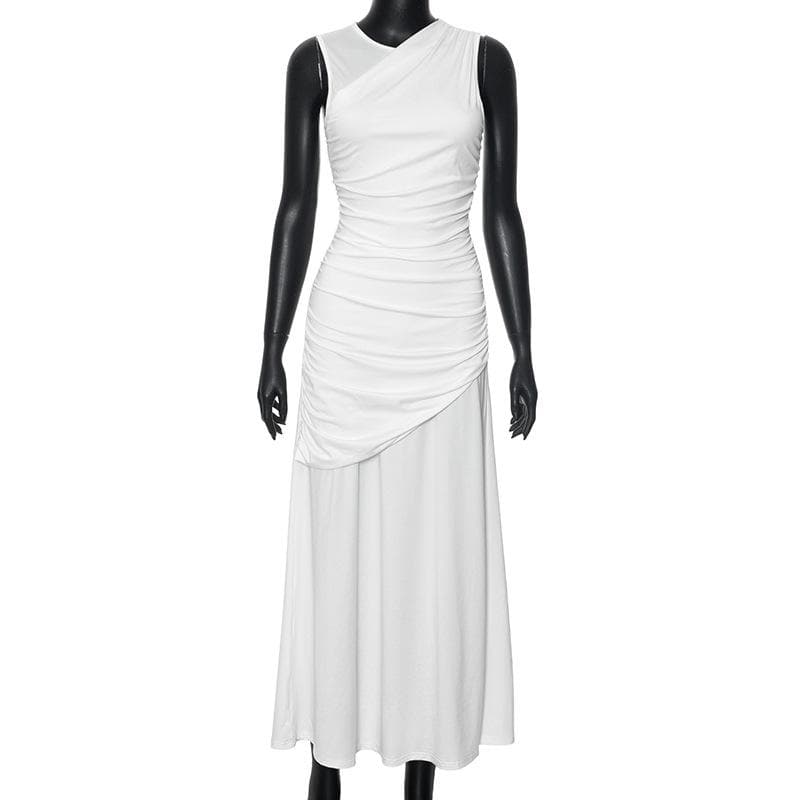 Crewneck ruched patchwork irregular tank midi dress