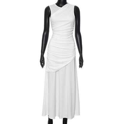 Crewneck ruched patchwork irregular tank midi dress