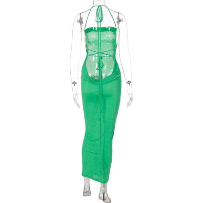 Halter Criss Cross Tie Back Cowl Back Maxi Dress