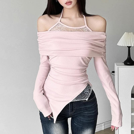 Ruched lace off shoulder halter long sleeve irregular top-final-sale