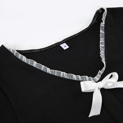 Short sleeve ruffle ruched bowknot ribbed top