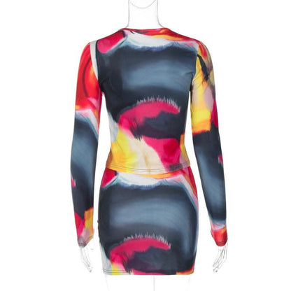 Long sleeve tie dye round neck mini skirt set-final-sale
