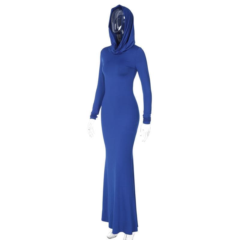 Hooded Cowl Neck Long Sleeve Bodycon Floor-Length Maxi Dress