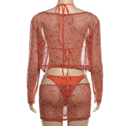 Long sleeve hollow out o ring halter 4 piece mini skirt set