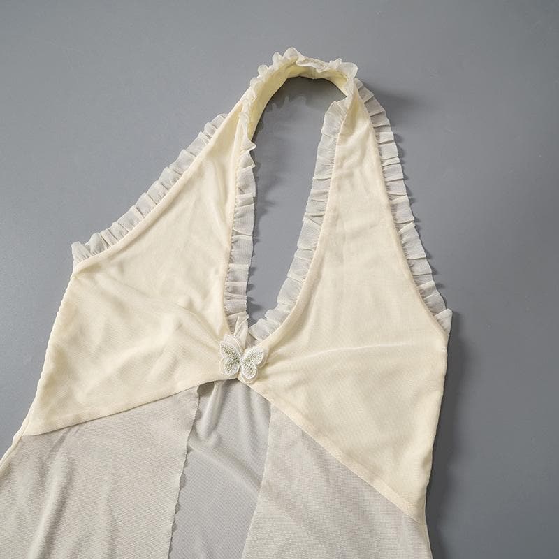 Halter lace hem ruffle butterfly embroidery mesh top