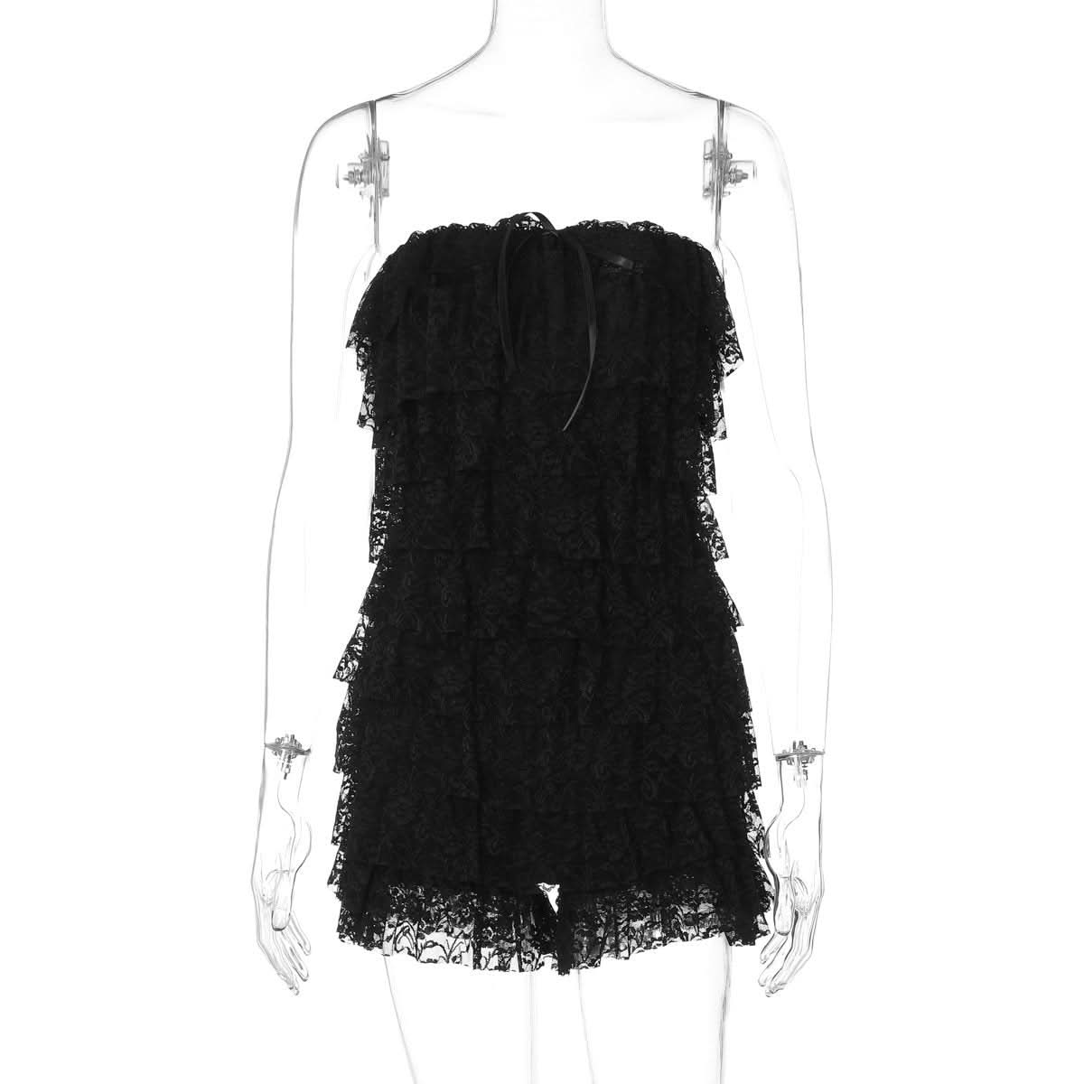 Bowknot lace backless ruffle tube mini dress