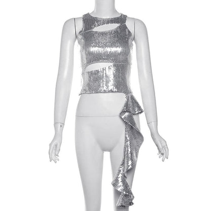 Crewneck glitter hollow out ruffle irregular crop cut out top