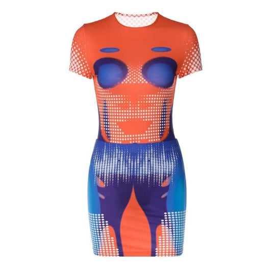 Polka dot thermal contrast short sleeve crewneck bodysuit mini skirt set-final-sale