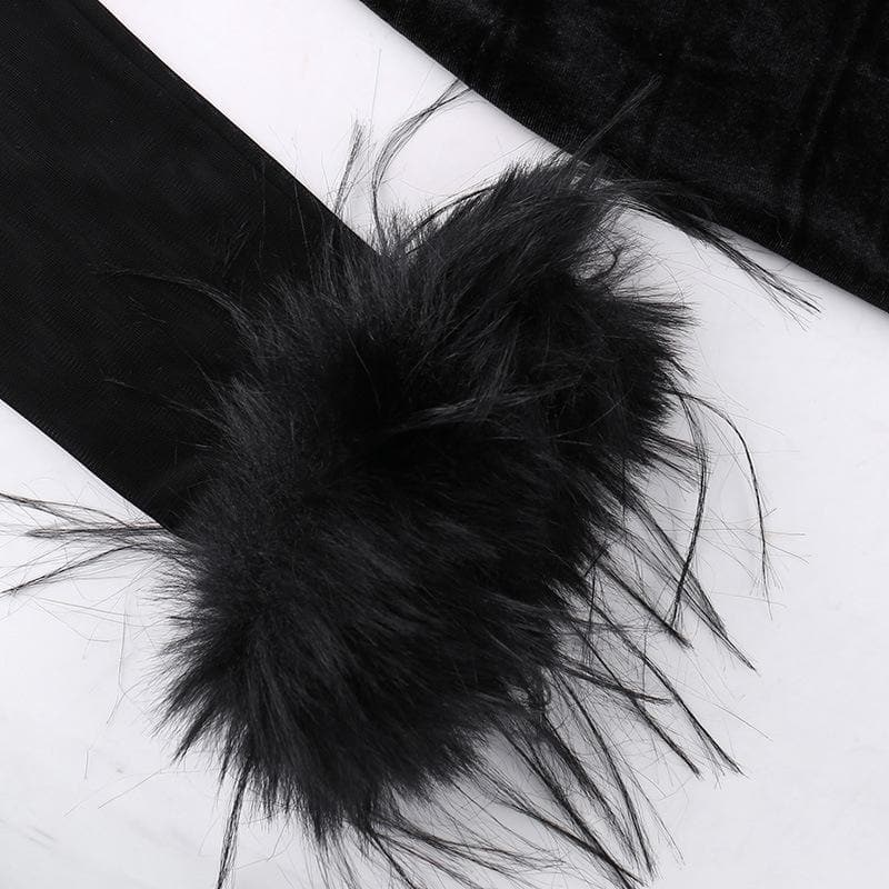 Mesh High Neck Velvet Corset Feather Trim Midi Dress