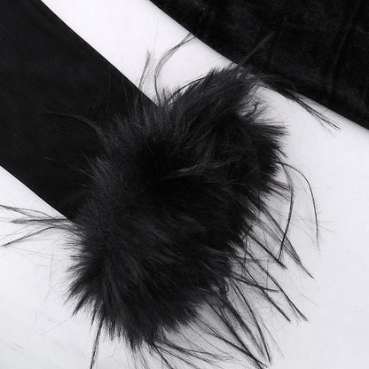 Mesh High Neck Velvet Corset Feather Trim Midi Dress