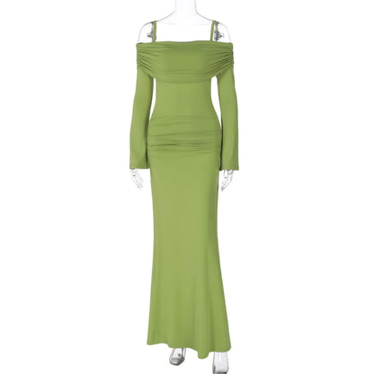 Ruched long sleeve off shoulder cami maxi dress