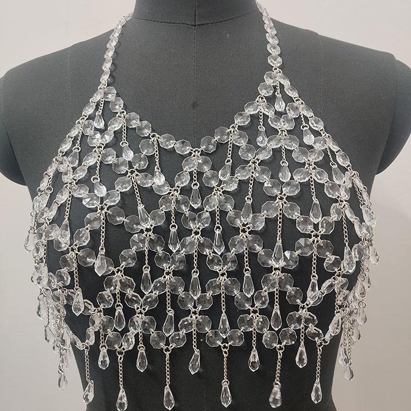 Metal chain plastic crystal halter backless crop top