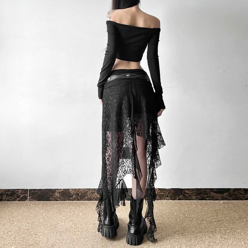 Lace mesh patchwork ruched ruffle midi skirt